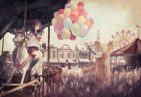 Have A Balloon - ballons, girl, bear, colorful, merry go round, carousel, carnival, mascot, anime