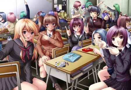 Pointing - anime, anime girl, female, class, school, girl, table, class room, long hair, uniform, chair, short hair, group, school uniform, desk, cute