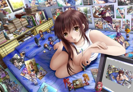 Little Helper - yellow eyes, girl, female, chibi, long hair, anime girl, brown hair, mini, big, anime, small, cute, huge, short hair