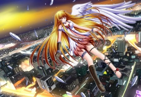 Fallen Angel - cute, hot, anime girl, girl, wings, scenery, view, light, city, scenic, feather, float, wing, anime, sky, town, long hair, building, sexy, scene, female, house, angel