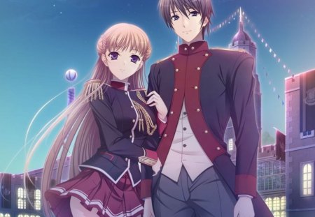 True ♡ Love - anime, female, romantic, guy, romance, long hair, uniform, boy, male, walkure romanze shoujo kishi monogatari, mizuno takahiro, sky, shot hair, house, anime girl, noel maresse ascot, skirt, beautiful, hot, girl, beauty, lovely, brown hair, love, sweet, handsome, cute, lover, sexy, couple, building