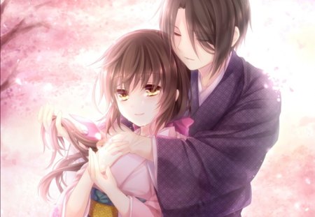 True â™¡ Love - flower, blossom, lover, anime girl, girl, male, cherry blossom, hakuouki shinsengumi kitan, floral, couple, shinsengumi, pink, handsome, short hair, hijikata toshizou, sweet, sakura, anime, yukata, romance, sakura blossom, long hair, black hair, kimono, female, hug, romantic, yukimura chizuru, guy, boy