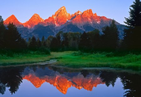 *** Fiery mountains *** - nature, lake, trees, fiery, water, tops, mountains, grass