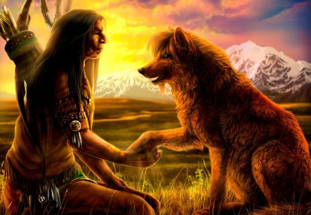 Native with Wolf - sky, predator, landscape, artwork, american, animal