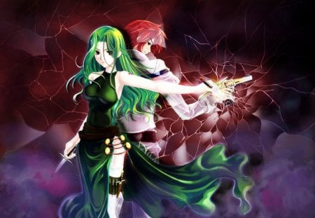 Perfect Pair - hot, anime girl, knife, axel alma, super robot wars, sexy, warrior, light, long hair, red hair, beautiful, 3d, sweet, dress, nice, realistic, gun, beauty, redhead, female, pretty, pistol, green, anime, cute, short hair, handsome, male, lamia loveless, fighter, gown, cg, abstract, boy, weapon, green hair