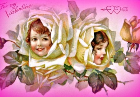 For my Valentine - flower, child, rose, pink, love, yellow, card, valentine, heart, head, bud, day, angel