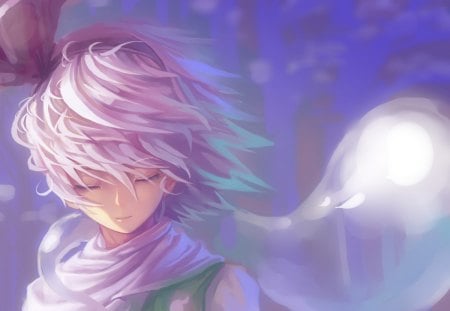 Sadness - women, konpaku youmu, hair, anime girl, wind, touhou, art, purple, green, anime, manga, girl, short hir, sad, scarf, cg, pink, smile, white hair