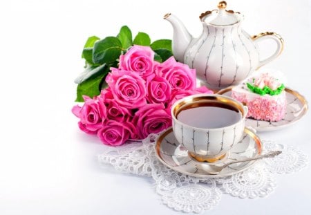 Enjoy! - tea, leaf, rose, cup, white, cake, pink, green, golden, sweet, food, porcelain, flower