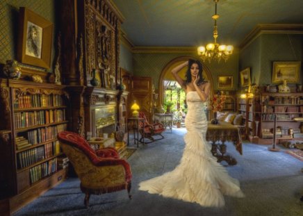 Beauty - woman, blackground, room, table, armchair, lamp, book