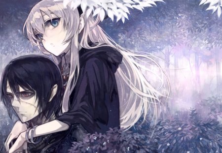 On his back - anime, scar, girl, long hair, tree, red eyes, boy, grey hair, black hair, blue eyes