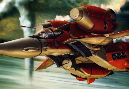 Futuristic fighter plane - fighter plane, future, fantasy, red