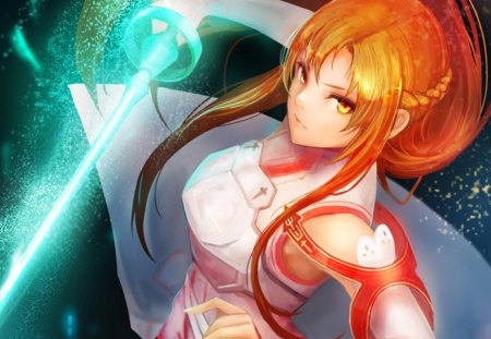 Yuuki Asuna - nice, realistic, beauty, female, hot, anime girl, sao, elegant, blade, armor, orange eyes, gorgeous, pretty, orange hair, anime, yuuki asuna, sword, sword art online, cute, sexy, girl, asuna, light, braids, long hair, lovely, divine, cg, abstract, 3d, beautiful, sweet