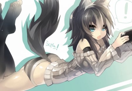 While playing - tail, girl, animal ears, blue eyes, psp, long hair, neko girl, black hair