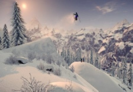 Soar - trees, white, winter, people, snow, jump