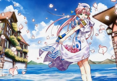 Aria - roses, petals, water, pink hair, aria, buildings