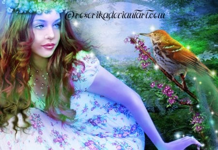 Janica - flower, lady, fantasy, bird