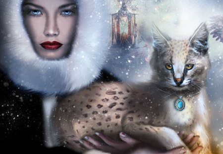 Hiver Fantasique - cat, winter, lady, fantasy