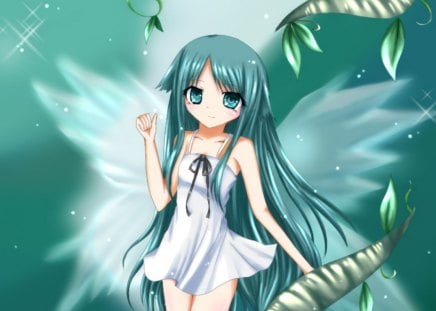 Saya - cute, hot, anime girl, saya, girl, wings, fantasy, fairy, green hair, wing, green eyes, anime, long hair, saya no uta, sexy, female, green