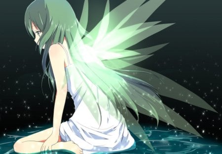 Saya - cute, hot, anime girl, saya, girl, wings, fantasy, fairy, green hair, wing, green eyes, anime, long hair, saya no uta, sexy, female, green