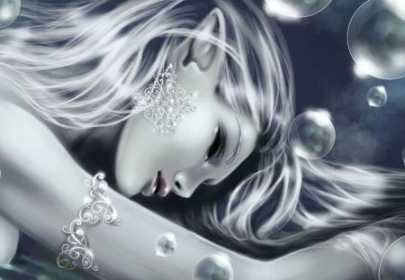 Sleeping fairy - black, beauty, elf, sleep, white, fantasy, lovely, diamonds, fairy, dream