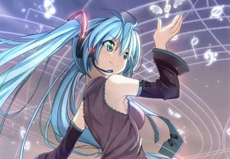 Hatsune Miku - female, wings, superstar, singer, anime girl, music notes, idol, anime, miku, cute, hatsune miku, girl, twintails, long hair, notes, vocaloids, blue hair, green eyes, twin tails, vocaloid, wing, diva