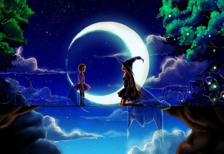 girl and the witch - moon, stars, sky, trees, girl, witch, clouds, blue, bridge, artistic