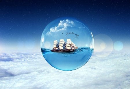 In a Bulb - clouds, world, ship, sailship