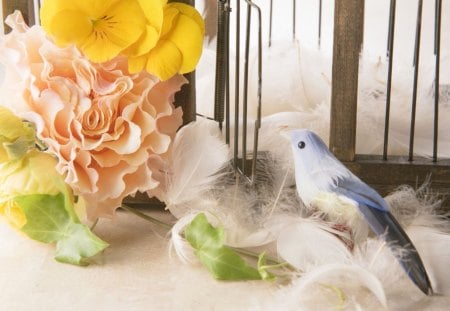 Flowers - style, yellow, feathers, flowers, bird