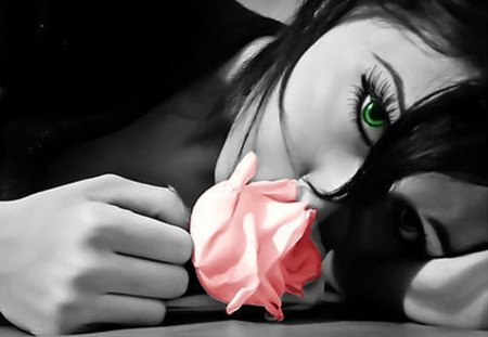 rose - black, white, woman, rose, pink