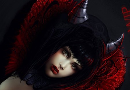 Beauty - beauty, woman, girl, red, brunette, black, fantasy, horns