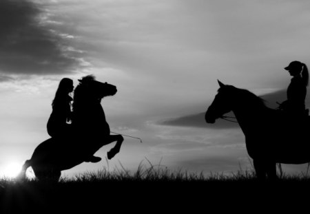 Sunset - wp, sunset, people, nature, horses, photography, bw, silhouette