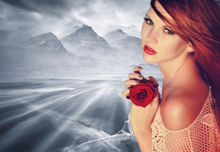 Rose of my Heart - ice, woman, red, heart, photoshop, rose, model