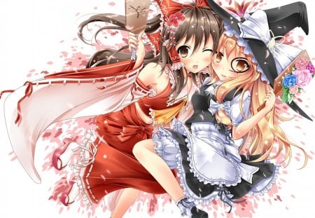 Smile!!! - witch, touhou, marisa kirisame, anime, flowers, reimu hakurei