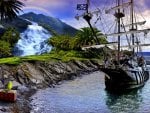 boat and waterfalls