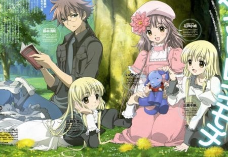 Kobato - flowers, girls, guy, tree