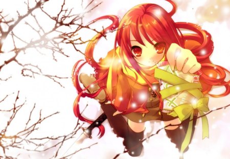 Shakugan no Shana - tree branches, red hair, cute, snow