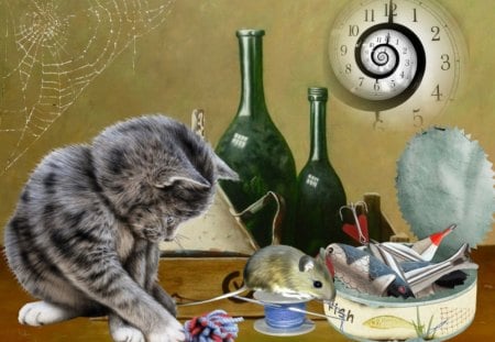 Play with me! - play, cat, fish, mouse, still life