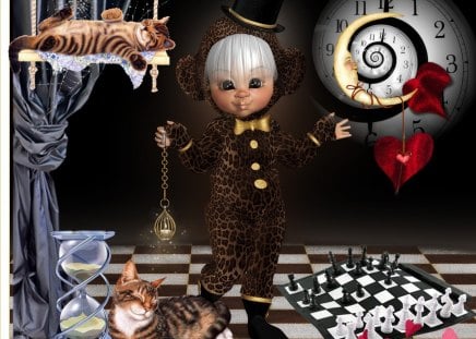 Chess - kid, chess, dark, cat, boy, fairy, time