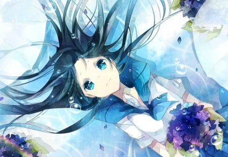 BLUEE - blue hair, flowers, girl, blue