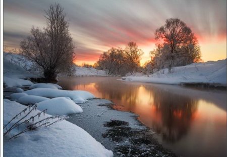 River dusk - trees, pink, snow, river, light, winter, dusk