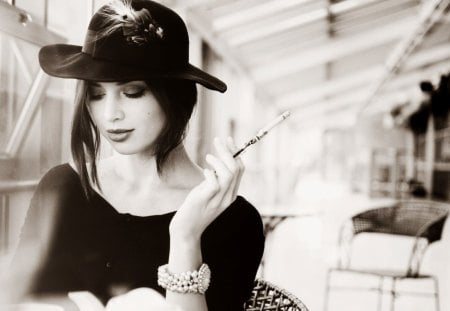 In the Restaurant - restaurant, female, lady, hat