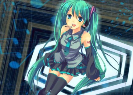 Hatsune Miku - miku, note, cute, vocaloids, anime girl, girl, superstar, singer, music notes, twin tails, green eyes, vocaloid, headphone, anime, twintails, diva, long hair, female, idol, hatsune miku