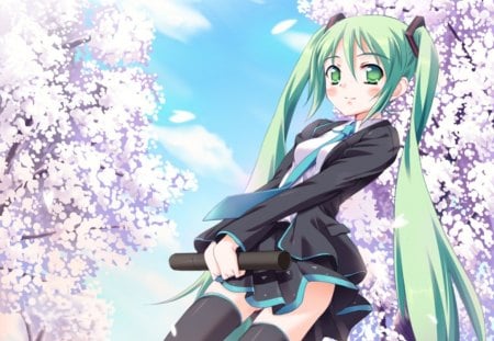 Hatsune Miku - sky, female, anime girl, cherry blossom, cloud, petals, anime, plant, sakura blossom, miku, tree, cute, hatsune miku, girl, twintails, long hair, vocaloids, green eyes, sakura, twin tails, floral, vocaloid, blossom, green hair, flower