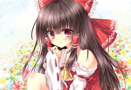 Hakurei Reimu - flower, touhou, cute, blossom, hakurei reimu, brown hair, anime, anime girl, girl, ribbon, long hair, petals, reimu, floral, female