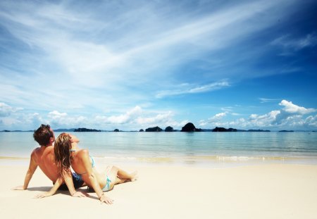 *** The two on the beach *** - beaches, summer beach, people, sun, together on the beach, love on the beach, relaxing beach, beach lovers, beach love, landscape, wallpaper, isle, nature, relaxing, sea, woman, sky, sunshine, beach, female, photography, vacation, lovers, man, clouds, male, ocean, skyphoenixx1, couple on the beach, couple, summer, picture, island