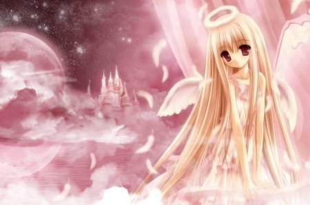 Angel - anime, female, wing, angel, blond hair, pink, long hair, blond, halo, castle, moon, anime girl, hot, girl, palace, blonde hair, feather, lovely, sweet, fantasy, wings, cute, sexy