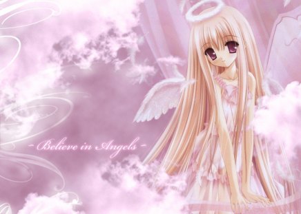 Believe in Angels - female, angel, hot, wings, blond, anime girl, fantasy, blond hair, blonde hair, halo, feather, anime, cute, sexy, girl, long hair, lovely, abstract, pink, wing, sweet, blonde