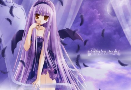 Enchanting Purple - anime, female, wing, long hair, purple, purple hair, moon, abstract, anime girl, hot, girl, feather, lovely, sweet, fantasy, wings, cloud, cute, sexy