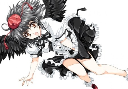 ~Aya Shameimaru~ - little red hat, touhou, black skirt, girl, white shirt, aya shameimaru, raven wings, black hair