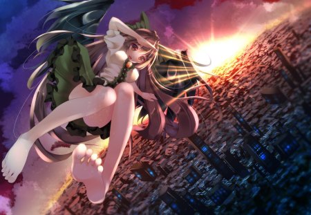 ~Utsuho Reiuji~ - utsuho reiuji, girl, wings, barefoot, brown hair, flying, touhou, city, anime, green dress, hairbow